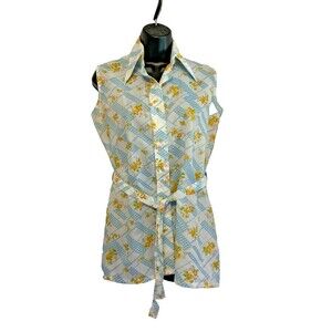 #8127 Vintage Top Button Sleeveless Collared Floral Blue Green Tank Kmart 1970'S